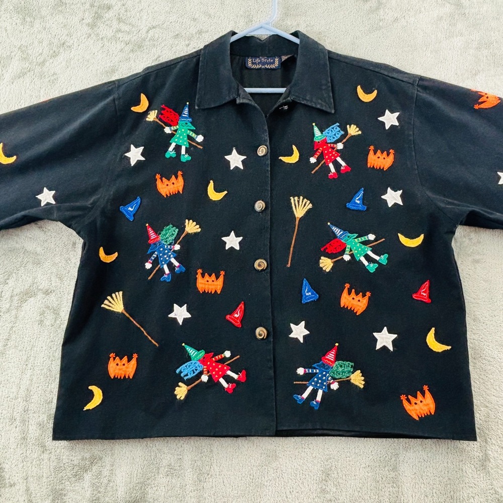 Halloween Witches Embroidered Button Jacket Womens XL Whimsical Life Style‎ Vtg - Picture 2 of 9